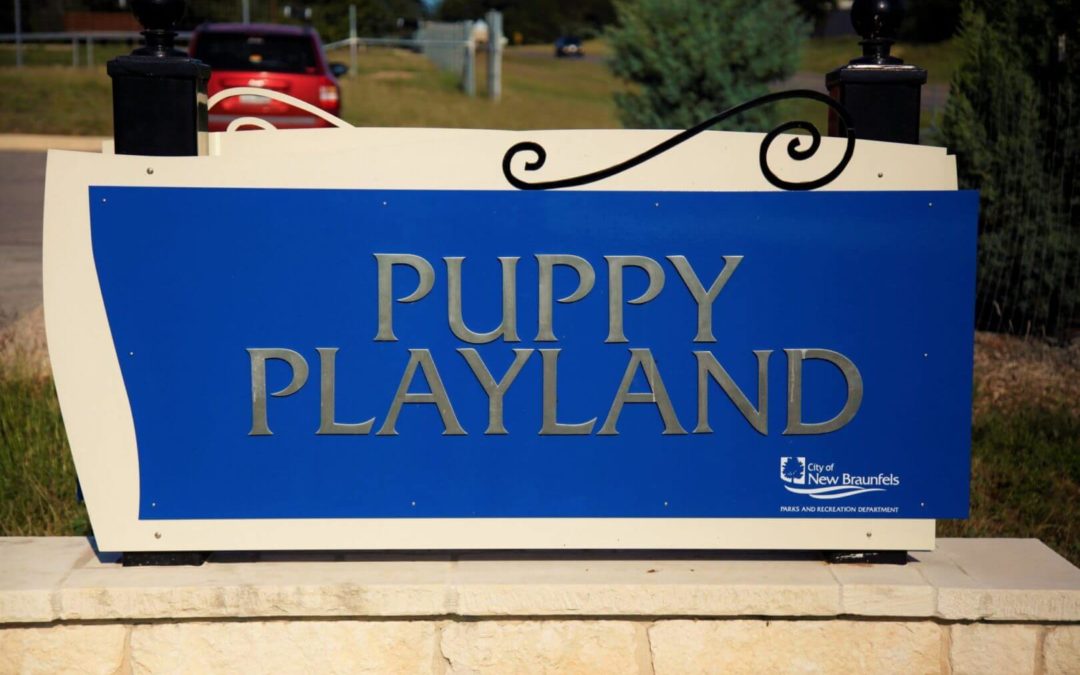 Aluminum, Limestone, Metal Monument Sign – Puppy Playland/City of New Braunfels